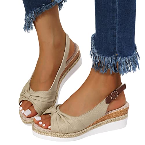DUJEFF Sandalen Damen Sommer,Sandaletten Damen Plateau Keilabsatz Sandale Schleife Schuhe Riemchen Sandaletten Fischmaul Peep Toe Sommerschuhe Sommer Casual Abendschuhe Strandschuhe Freizeitschuhe von DUJEFF