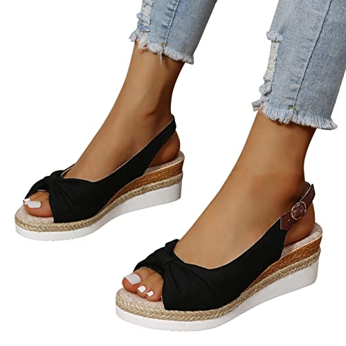 DUJEFF Sandalen Damen Sommer,Sandaletten Damen Plateau Keilabsatz Sandale Schleife Schuhe Riemchen Sandaletten Fischmaul Peep Toe Sommerschuhe Sommer Casual Abendschuhe Strandschuhe Freizeitschuhe von DUJEFF
