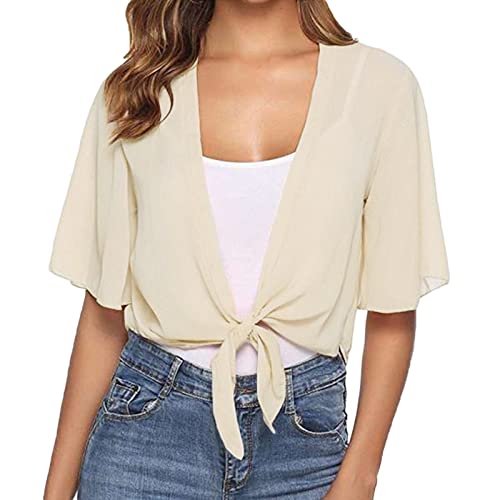 DUJEFF Tshirt Damen,Strickjacke Damen Halbarm Bolero Jäckchen Chiffon Transparent Tüll Oberteile Einfarbig Tops Kurze Cardigan Shrug Top zum Knoten Sommer Casual Kleidung für Urlaub und Alltag von DUJEFF