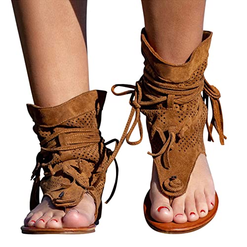 Sandalen Damen Sommer,Sandaletten Damen Bequem Flach Sandale Vintage Bohemia Sandaletten High Top Stiefel Roman Schuhe Beach Quasten Sandaletten Zehentrenner Open Toe Strandschuhe Party Sommerschuhe von DUJEFF