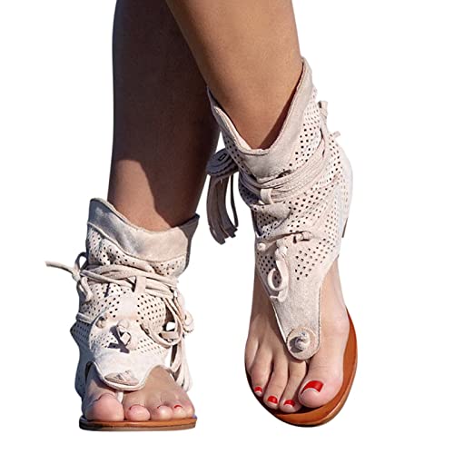 Sandalen Damen Sommer,Sandaletten Damen Bequem Flach Sandale Vintage Bohemia Sandaletten High Top Stiefel Roman Schuhe Beach Quasten Sandaletten Zehentrenner Open Toe Strandschuhe Party Sommerschuhe von DUJEFF