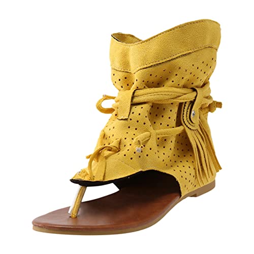 Sandalen Damen Sommer,Sandaletten Damen Bequem Flach Sandale Vintage Bohemia Sandaletten High Top Stiefel Roman Schuhe Beach Quasten Sandaletten Zehentrenner Open Toe Strandschuhe Party Sommerschuhe von DUJEFF