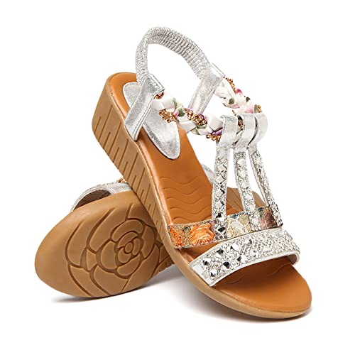 Sandalen Damen Sommer,Sandaletten Damen Flach Keilabsatz Sandale Bohemian Schuhe Strass Sandaletten Peep Toe Sommerschuhe Sommer Casual Abendschuhe Outdoorschuhe Freizeitschuhe von DUJEFF