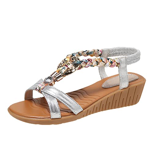 Sandalen Damen Sommer,Sandaletten Damen Flach Keilabsatz Sandale Bohemian Schuhe Strass Sandaletten Peep Toe Sommerschuhe Sommer Casual Abendschuhe Outdoorschuhe Freizeitschuhe von DUJEFF