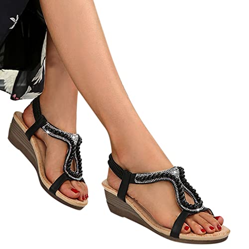 Sandalen Damen Sommer,Sandaletten Damen Flach Keilabsatz Sandale Bohemian Strandschuhe Strass Perlen Sommerschuhe Atmungsaktiv Peep Toe Sandaletten Casual Party Schuhe Freizeitschuhe von DUJEFF