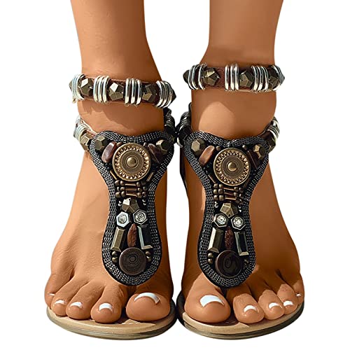 Sandalen Damen Sommer,Sandaletten Damen Flach Sandale Bohemian Schuhe Knöchelriemen Reißverschluss Sandaletten Zehentrenner Peep Toe Sommerschuhe Sommer Casual Strandschuhe Outdoorschuhe von DUJEFF