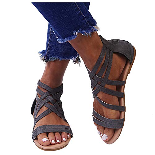 Sandalen Damen Sommer,Sandaletten Damen Flach Sandale Reißverschluss Schuhe Cross Strap Sandaletten Peep Toe Sommerschuhe Casual Sommer Atmungsaktive Outdoorschuhe Strandschuhe von DUJEFF