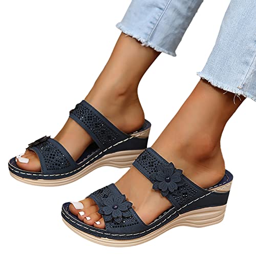 Sandalen Damen Sommer,Sandaletten Damen Plateau Keilabsatz Sandale Bohemian Blumen Schuhe Bequem Atmungsaktive Sandaletten Peep Toe Sommerschuhe Sommer Casual Strandschuhe von DUJEFF