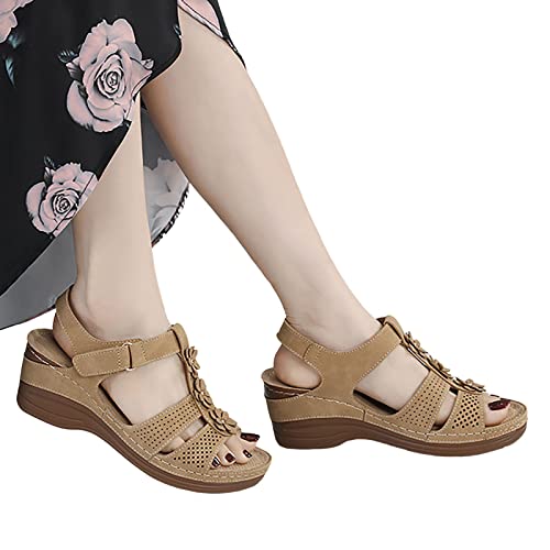 Sandalen Damen Sommer,Sandaletten Damen Plateau Keilabsatz Sandale Bohemian Blumen Schuhe Klettverschluss Sandaletten Peep Toe Sommerschuhe Sommer Casual Strandschuhe Outdoorschuhe Damenschuhe von DUJEFF