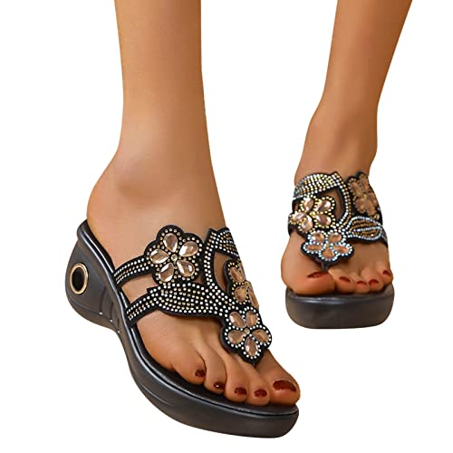 Sandalen Damen Sommer,Sandaletten Damen Plateau Keilabsatz Sandale Bohemian Strass Blumen Schuhe Flip Flop Sandaletten Zehentrenner Peep Toe Sommerschuhe Casual Strandschuhe Outdoorschuhe von DUJEFF