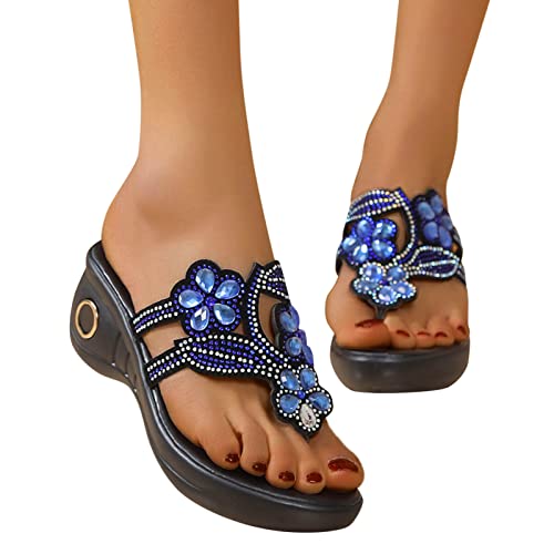 Sandalen Damen Sommer,Sandaletten Damen Plateau Keilabsatz Sandale Bohemian Strass Blumen Schuhe Flip Flop Sandaletten Zehentrenner Peep Toe Sommerschuhe Casual Strandschuhe Outdoorschuhe von DUJEFF