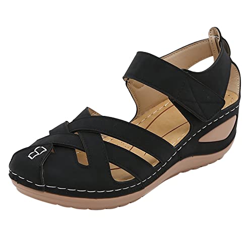 Sandalen Damen Sommer,Sandaletten Damen Plateau Keilabsatz Sandale Klettverschluss Schuhe Bohemian Blumen Sandaletten Hohle Peep Toe Sommerschuhe Sommer Casual Outdoorschuhe Strandschuhe von DUJEFF