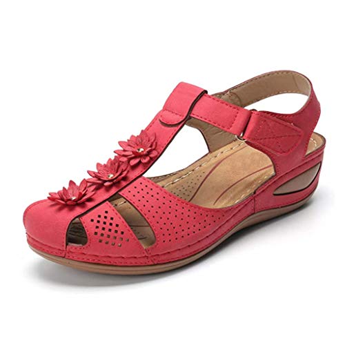 Sandalen Damen Sommer,Sandaletten Damen Plateau Keilabsatz Sandale Klettverschluss Schuhe Bohemian Blumen Sandaletten Hohle Peep Toe Sommerschuhe Sommer Casual Outdoorschuhe Strandschuhe von DUJEFF