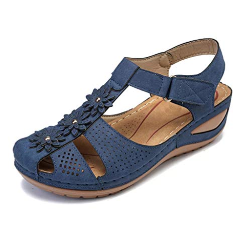 Sandalen Damen Sommer,Sandaletten Damen Plateau Keilabsatz Sandale Klettverschluss Schuhe Bohemian Blumen Sandaletten Hohle Peep Toe Sommerschuhe Sommer Casual Outdoorschuhe Strandschuhe von DUJEFF