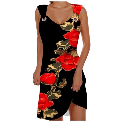 Sommerkleid Damen Knielang, Strandkleider kurz Damen Ärmellos Kleid mit Trägern Blumen Drucken Minikleid Boho Strandkleid Sommerkleider Farbblock Trägerkleid Kleider Leicht und Luftig Freizeitkleid von DUJEFF
