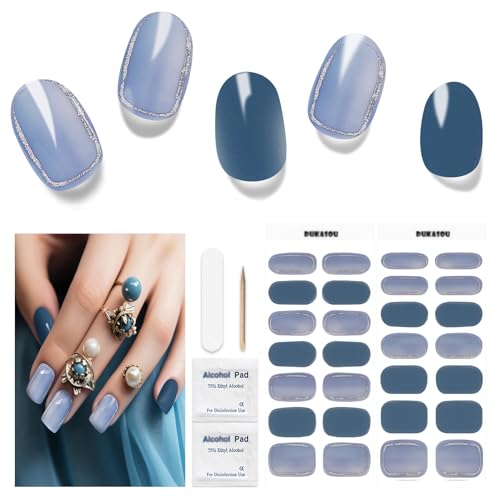 Nagelfolie UV Härtend - 28 Stück UV Gel Strips Nagelfolien Selbstklebend Herbst Winter Nagelfolie Gel Nail Sticker in Salonqualität Art Stickers (Blue Frost Dew) von DUKASOU