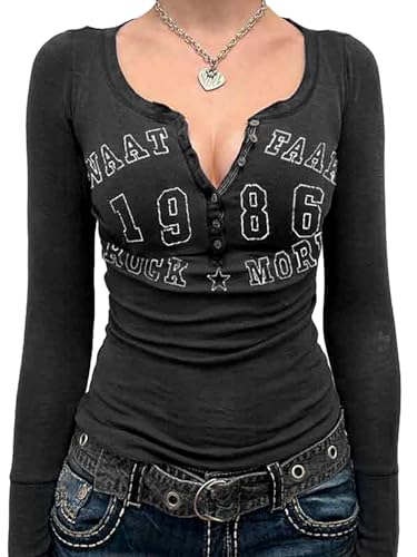 Damen Y2K Langarm Henley T Shirts Button Down Slim Fit Vintage Casual Tops Grafik Crop Tops, Schwarz, Mittel von DUKBUBI