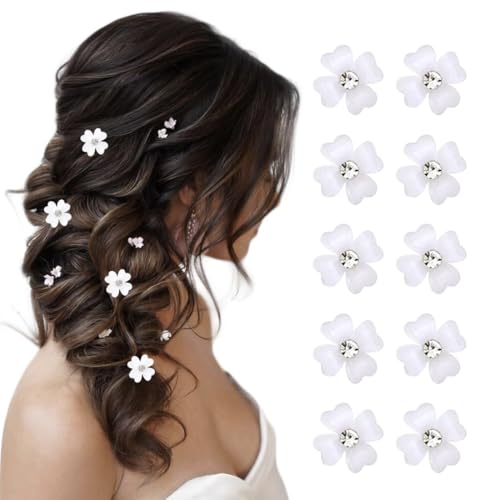 10 Stück weiße Mini Blumen Haarspangen mit Strass für Mädchen, Tochter, Freundin, Frauen - Modische & Niedliche Haarnadeln für Hochzeit und Alltag von DULFAX