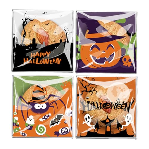 100 Stück Halloween Leckerli Beutel (10x10 cm) - 4 verschiedene Motive - Selbstklebend für Kekse, Süßigkeiten und Partygeschenke (durchsichtige) von DULFAX