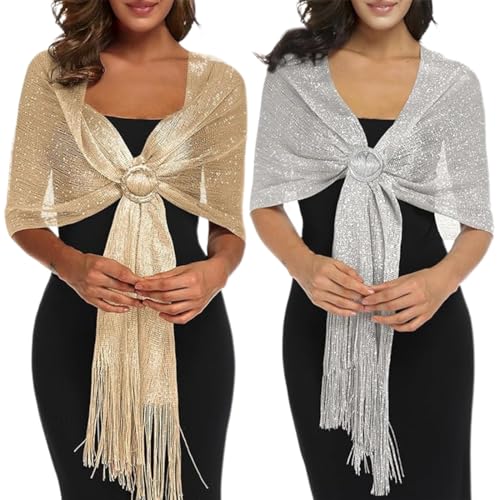 2 Stück Stola Set Damen (1x Gold + 1x Silber), Jede mit verstellbarer Metall-Schnalle und Fransen, Hochzeitsstola, Abendkleid-Accessoire und Strandumhang von DULFAX