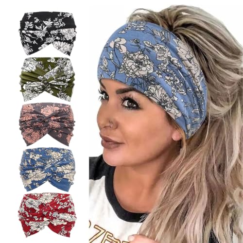Haarband Damen, 5 Pcs Breite Stirnbänder für Damen Extra Große Turban Stirnband Boho Head Wrap Elastische Haarbänder Haar Twisted Knot Haarschmuck Haarband Damen, 5 Pcs Breite Stirnbänder für Damen Extra Große Turban Stirnband Boho Head Wrap Elastische Haarbänder Haar Twisted Knot Haarschmuck von DULFAX