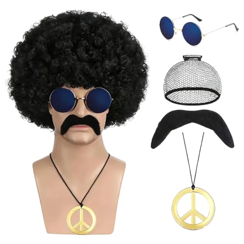 Hippie Kostüm Set Herren Hippie Perücken Kostüm Zubehör Set, flippige Sonnenbrille, Peace-Zeichen-Halskette, selbstklebender Wasserhahn-Schnurrbart für Karnevalspartys von DULFAX
