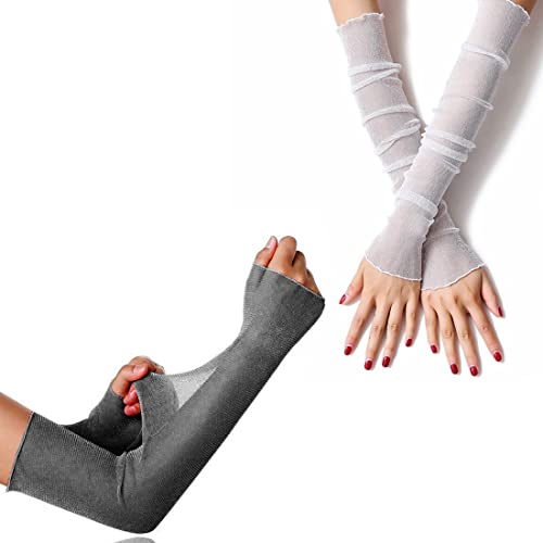 Armstulpen Damen Kühlung Arm Ärmel Lange - 2 Paar Ultradünne Fingerlose Ellbogen Sommerhandschuhe Sonnenschutz UV Schutz Kühles Netz Tül Fingerlose Armstulpen Perfekt Party Outdoor Sportaktivitäten von DULSPUE
