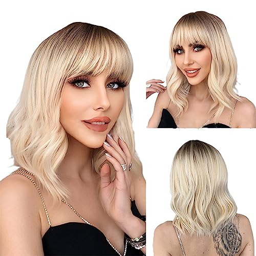 DULSPUE Hellblonde lockige Damenperücke,blonde perücke damen, kurz natürliches Kunsthaar, frauen,hitzebeständige Faser hellgoldener wig(35cm) von DULSPUE