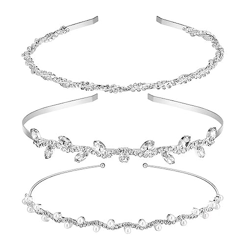 DULSPUE Hochzeit Braut Stirnband - haarreif hochzeit - Strass Haarband Silber Haarkrone Tiara Kristall Perle Braut Haarreif Elegante Hochzeit Zubehör(3Pcs) von DULSPUE