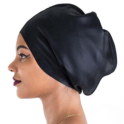 DULSPUE Badekappe Damen Lange Haare,Badekappe Damen,badehaube Damen,Badekappe Lange Haare,Große Schwarze Silikon-Badekappe für Frauen und Mädchen mit Langen Haaren von DULSPUE