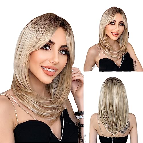 DULSPUE blonde perücke damen,Damen-Perücke mit Achter-Pony-Perücke, mittellanges, lockiges Haar,kurz natürliches Kunsthaar, frauen,hitzebeständige Faser hellgoldener wig(35cm) von DULSPUE