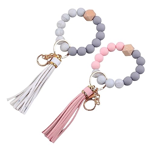 DULSPUE schlüsselanhänger - 2 pcs Silikon-Schlüsselanhänger Armband Perlenarmband für Frauen Perlen-Schlüsselanhänger mit Lederquaste Tragbares Telefon Autoschlüssel Dekoration für Frauen und Mädchen von DULSPUE