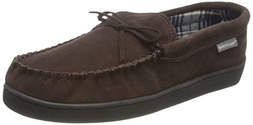 Dunlop - Herren Mokassin Hausschuhe mit Plüsch Gefüttert | Wildleder Hauspantoffel | Memory Foam Pantoffel mit Gummisohle (44, Dunkelbraun) von Dunlop