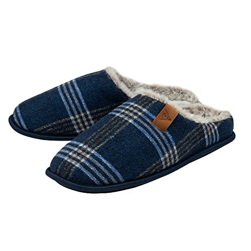 Dunlop Herren Hausschuhe Slip On Check Pantoletten Kunstfell Gefüttert Memory Foam Plüsch Haus Hausschuhe Atmungsaktiv Indoor Outdoor Schuhe, navy, 42 EU von DUNLOP