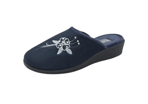 Dunlop Pamela Damen Pantoffeln mit niedrigem Keilabsatz aus Memory-Schaum in Marineblau oder Lila, Größe 36,5,6,7,8, - marineblau - Größe: 39 EU von DUNLOP