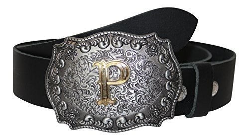 DUNN Buckle Gürtelschnalle Initialen Koppel Buchstabe P mit echter Goldauflage incl. echt Ledergürtel (1 = S = 85-95cm) von DUNN