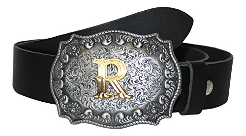 DUNN Buckle Gürtelschnalle Initialen Koppel Buchstabe R mit echter Goldauflage incl. echt Ledergürtel (5 = XXL = 125-135cm) von DUNN