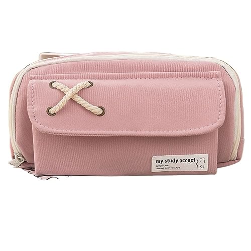 DUNSBY Federmäppchen Große Kapazität Bleistift Tasche Schreibwaren Halter Box Ästhetische Leinwand Stift Fall DREI-Schicht Zipper Bleistift Beutel Schule Liefert (Color : Pink-with 5PCS Pens) von DUNSBY