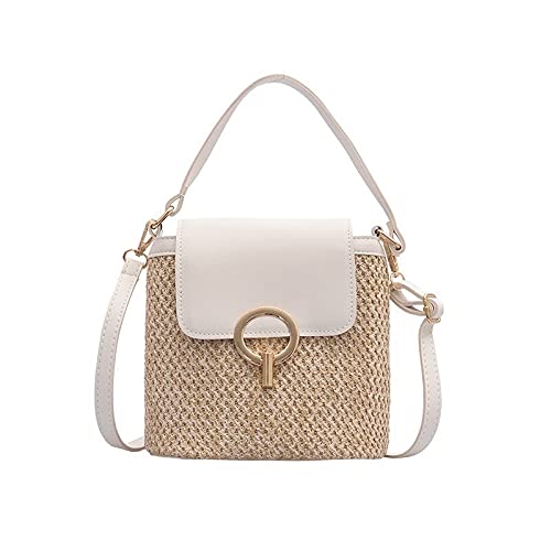 DUNSBY Stroh Umhängetaschen Stroh Schulter Messenger Bags Damen Designer Luxus Woven Bucket Tasche Sommer Strand Strohbeutel Weibliche Handtasche (Color : White, Size : 19x12x20cm) von DUNSBY