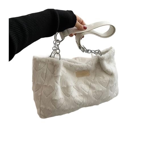 Flauschige Tragetasche Plüsch-Herz, große Kapazität, Einkaufstasche, Handtaschen, Damen, weich, lässig, Umhängetaschen, Münzgeldbörse (Color : White) von DUNSBY