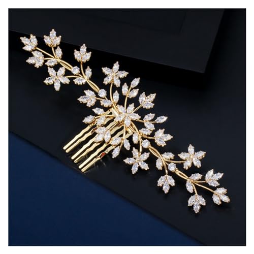 Haarschmuck Hochzeit Weißgold vergoldet, kubischer Zirkon, großes Blatt, for Damen, Hochzeit, Party, Haarkamm, Pins, Zubehör, Braut-Kopfschmuck, Schmuck (Color : Gold) von DUNSBY