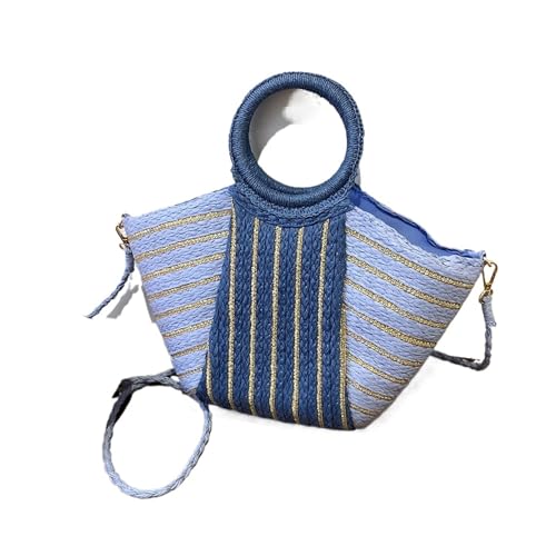 Strandtasche Damen Frauen Häkeln Umhängetasche Farbe Kontrast Weben Strand Tasche Abnehmbare Riemen Gestreiften Stroh Handtasche Damen Sommer Tägliche Tasche(Light Blue) von DUNSBY