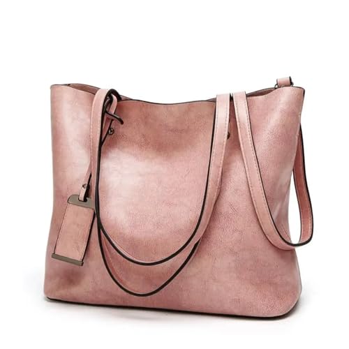 Strandtasche Damen Waxing Leder-Eimertasche, einfache Doppelriemen-Handtasche, Umhängetaschen for Damen, Allzweck-Einkaufstasche(Pink) von DUNSBY