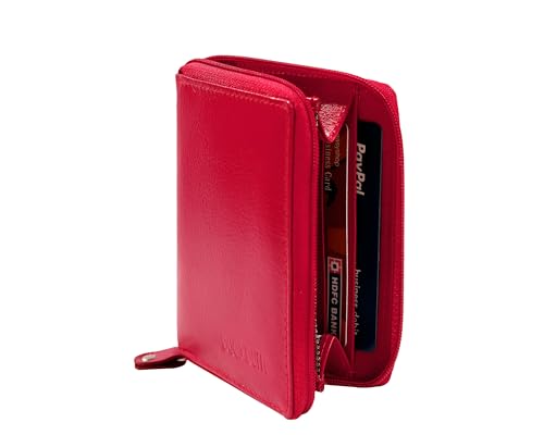 DUO DUFFEL Unisex Geldautomat Kartenhalter aus echtem Leder||Geldautomat Geldbörse||Kassenschlitz||Kredit- und Debitkartenhalter mit Reißverschluss (Red) von DUO DUFFEL