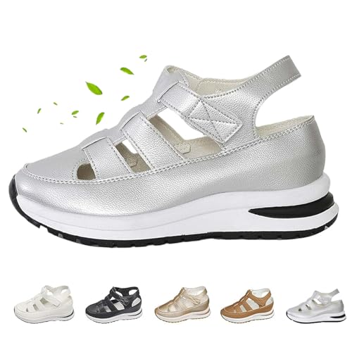 DUOCHSUA 2025 Neue Damen Hollow Out Atmungsaktive Plateau Keilsandalen Sneaker Geschlossene Zehen Fisherman White Walking Sandalen, silber, 40 EU von DUOCHSUA