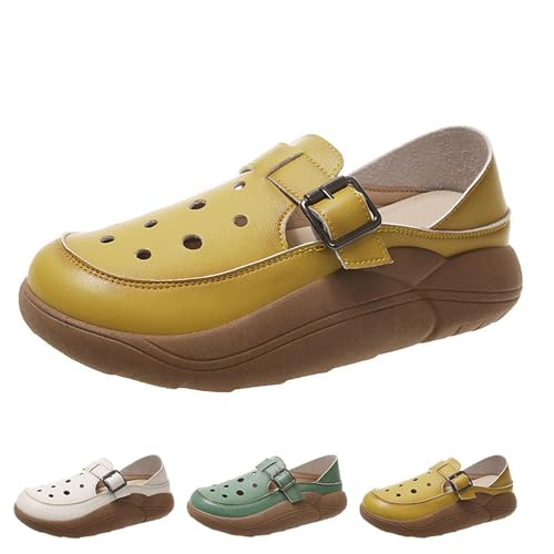 DUOCHSUA Bequeme orthopädische Damen-Sandalen, Retro, stilvoll, hohl, zwei-Wege-Loch-Schuhe, hohl, dick, bequem, rutschfest, Sneaker, gelb, 40 EU von DUOCHSUA