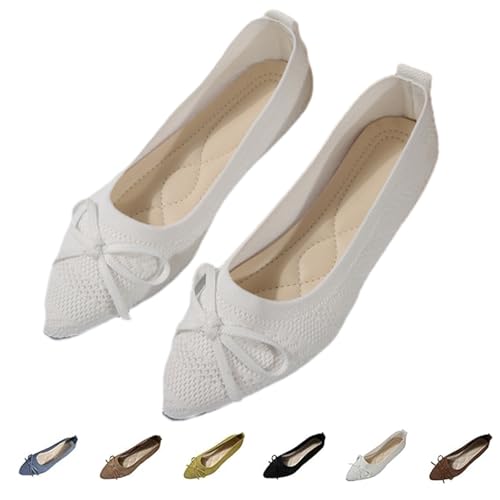 DUOCHSUA Damen-Ballerinas, spitze Zehenpartie, Schleife, Knoten, Slipper, bequeme Strick-Mesh-Flats für Damen, weiß, 41 EU von DUOCHSUA