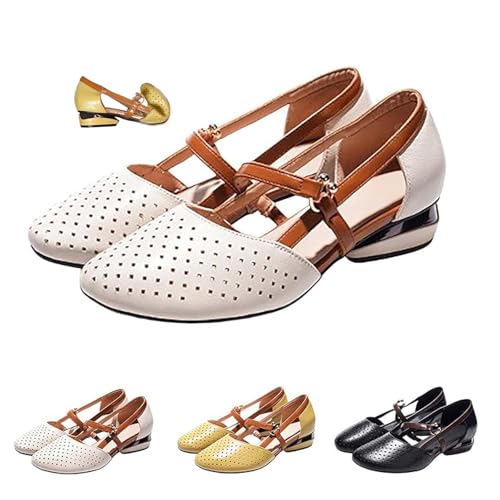 DUOCHSUA Damen Casual Hollow Heel Soft Leather Sandals Closed Toe Flat Sandals for Women Wide Fit Summer Casual Shoes, beige, 40 EU DUOCHSUA Damen Casual Hollow Heel Soft Leather Sandals Closed Toe Flat Sandals for Women Wide Fit Summer Casual Shoes, beige, 40 EU von DUOCHSUA