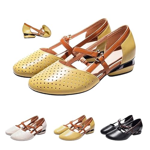DUOCHSUA Damen Casual Hollow Heel Soft Leather Sandals Closed Toe Flat Sandals for Women Wide Fit Summer Casual Shoes, gelb, 40 EU DUOCHSUA Damen Casual Hollow Heel Soft Leather Sandals Closed Toe Flat Sandals for Women Wide Fit Summer Casual Shoes, gelb, 40 EU von DUOCHSUA