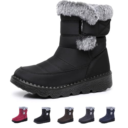 DUOCHSUA Damen Cozy Winter Wasserdicht Anti-Rutsch Orthopädische Stiefel Pelz Gefüttert Stiefeletten Mid Wasserdicht Stiefel Chunky Heel Cushion Ankle Boots, Schwarz , 36.5 EU von DUOCHSUA